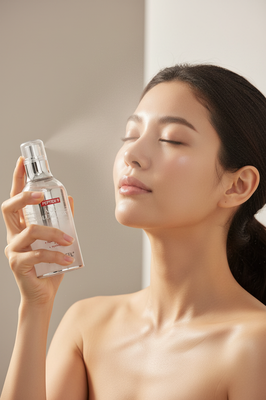 usa la foto real del producto y aplicación como spray en la cara y cuello